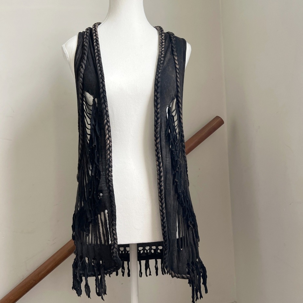 Rock & Roll Cowgirl Vest Large Black Braided Fringe Western Boho Edgy Festival - Picture 2 of 15